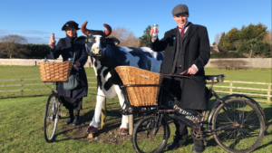 Costumed Beamish staff deliver Beamish wholesale sweets to Homer Hill