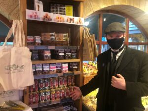 Matthew Henderson delivering Beamish wholesale sweets to Knitsley Farm Shop while dressed in Edwardian costume
