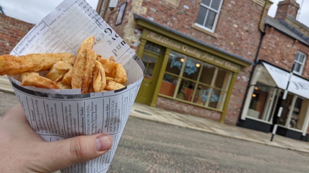 Fish and chips at Middleton's Fish and Chip shop in Beamish Museum's 1950s Town